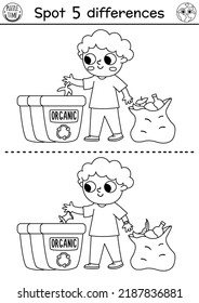 Buscar juego de diferencias. Actividad educativa ecológica en blanco y negro con un lindo niño clasificando desechos. Rompecabezas de la línea del día de la Tierra para los niños. Página de sensibilización ecológica o de color sin residuos imprimibles
