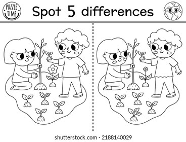 Find differences game. Ecological black and white educational activity with cute boy and girl planting tree. Earth day line puzzle for kids. Eco awareness or zero waste printable coloring page
