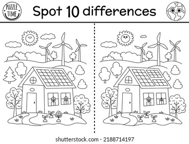 Find differences game. Ecological black and white educational activity with cute eco house, wind turbines. Earth day line puzzle for kids. Eco awareness or zero waste printable coloring page
