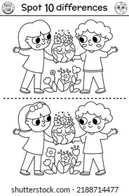 Find differences game. Ecological black and white educational activity with cute boy and girl holding planet. Earth day line puzzle for kids. Eco awareness or zero waste printable coloring page
