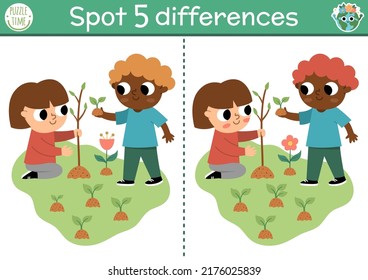 Buscar juego de diferencias. Actividad educativa ecológica con niños lindos plantando árboles. Rompecabezas del Día de la Tierra para niños con carácter gracioso. Conciencia ecológica o página de hoja de cálculo o página de cero residuos imprimibles
