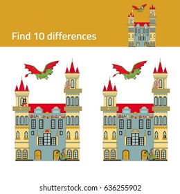 Find differences game.  Fairy castle with princess, knight and dragon.