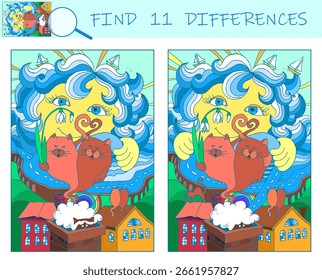 Find the differences game. Fantasy picture with sea, sun, cats on home roofs. Find hidden objects. Hand drawn vector illustration