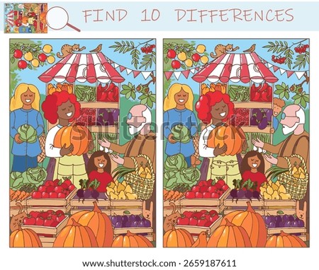 Find the differences game. Farmers market. Find hidden objects in the picture. Farmer selling organic fruits and vegetables. Street marketplace stall, people in local street fair. Sketch vector