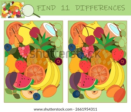 Find the differences game. Fruit puzzle. Fresh food. Sketch vector illustration.