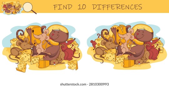 Find the differences game. Funny cat and rats among cheeses. Hidden object puzzle game. Sketch vector illustration.