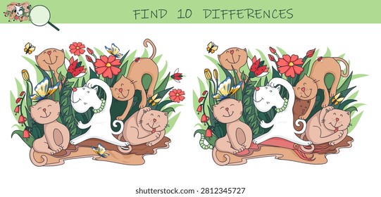 Find the differences game. Funny cats among flowers. Hidden object puzzle game. Sketch vector illustration.