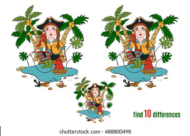 Find differences game (girl-pirate with a toy ship under the palm trees). Children's game.