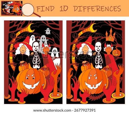 Find the differences game. Halloween kids party. Witches, ghosts, bats, skeleton, devil, pumpkins celebrate the night. Search the hidden objects in the picture. Hand drawn vector illustration