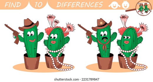 Find differences game for kids. Cactus cowboy, cowgirl and sheriff. Cacti flowerpots. Cartoon sketch vector illustration.