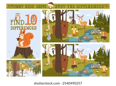 Find differences game. Kids game with forest animal. Funny education game for children. Printable page with puzzle. Autumn woodland scene with animals. Vector concept.