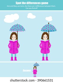 Find the differences game for kids. Spot the differences children educational game with answer