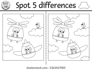 Find differences game for kids. Transportation black and white activity with plane, helicopter with pilots flying in the sky. Cute puzzle, coloring page for kids with transport. Printable worksheet