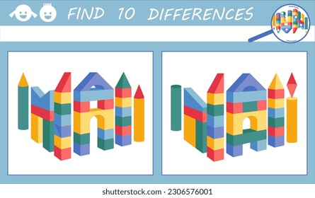 Find differences game for kids. Wooden cubes and other shapes castle.  Puzzle Hidden Items. Educational game for kids. Building.  Sketch vector illustration