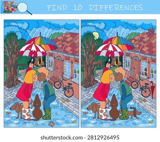 Find the differences game. Kiss in the rain between a boy and a girl under umbrellas. Hidden object puzzle game. Sketch vector illustration.