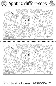 Find differences game. Mermaid black and white educational activity with sea princess combing hair, underwater scene. Puzzle for kid. Printable line worksheet or coloring page for attention skills