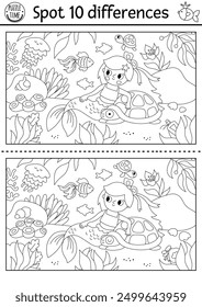 Find differences game. Mermaid black and white educational activity with sea princess with tortoise, underwater scene. Puzzle for kids. Printable line worksheet or coloring page for attention skills