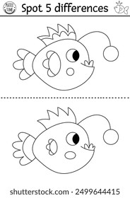 Find differences game. Mermaid black and white educational activity with angler fish. Puzzle for kids with funny animal. Printable line worksheet or coloring page for logic and attention skills