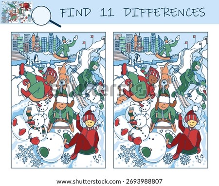 Find the differences game. People and snowman having fun and winter activities, skiing, skating, children sledding and snowboarding on mountain slope. Sketch vector illustration