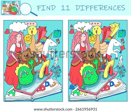 Find the differences game. Picture with phone, book. Communication, social network, Pictures Puzzle. Hand drawn vector illustration