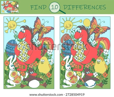 Find the differences game. Rabbit, dragon, duck, chick with eggs. Easter. Sketch vector illustration.