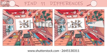 Find the differences game. Room from bottom to top. Interior with furniture and home objects. Cozy family room. Sketch vector illustration.