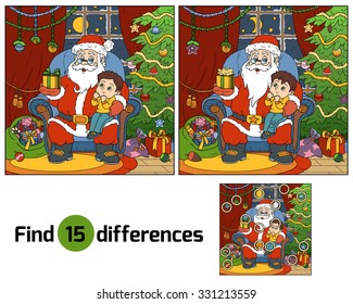 Find differences game: Santa Claus gives a gift a little boy