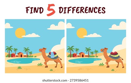 Find differences game template for toddlers. Children educational play with cartoon desert location with sand dunes oasis and camel, vector design element