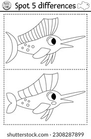 Finden Sie Unterschiedsspiel. Unter dem Meer schwarz-weißer Unterricht mit süßem Segel Fisch. Ocean Life Line Puzzle für Kinder mit Wassertier. Unterwasserdruckseite
