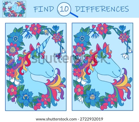Find the differences game. Unicorn with flower frame. Sketch vector illustration.