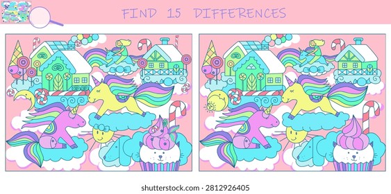 Find the differences game. Unicorns in sky with sweet home, lollipops and candy city on clouds. Hidden object puzzle game. Sketch vector illustration.