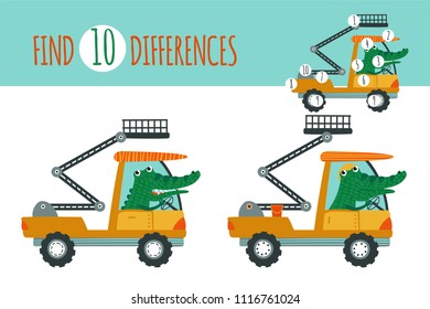 Find differences game. Vector illustration with cartoon animal and construction equipment: alligator and aerial work platform. Educational children game.