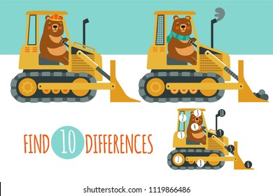 Find differences game. Vector illustration with cartoon animal and construction equipment: bear and bulldozer. Educational children game.