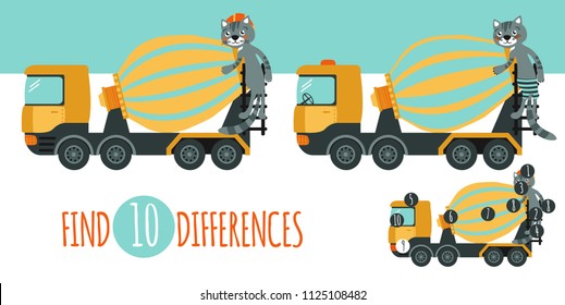 Find differences game. Vector illustration with cartoon animal and construction equipment: cat and concrete mixer truck. Educational children game.