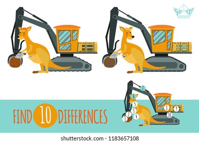 Find differences game. Vector illustration with cartoon animal and construction equipment: kangaroo and knuckle boom loader. Educational children game.
