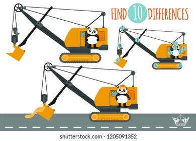 Find differences game. Vector illustration with cartoon animal and construction equipment: panda in the cabin of a power shovel. Educational children game.