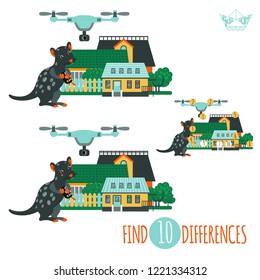 Find differences game. Vector illustration with cartoon quoll and quadcopter on the background of the town. Educational children game.