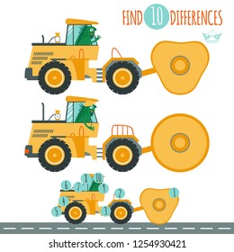 Find differences game. Vector illustration with cartoon animal and construction equipment: iguana in the cab of impact compactor roller. Educational children game.