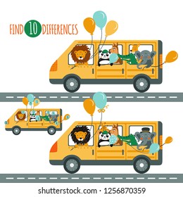 Find differences game. Vector illustration with cartoon animals 
traveling in a minibus with balloons. Educational children game.