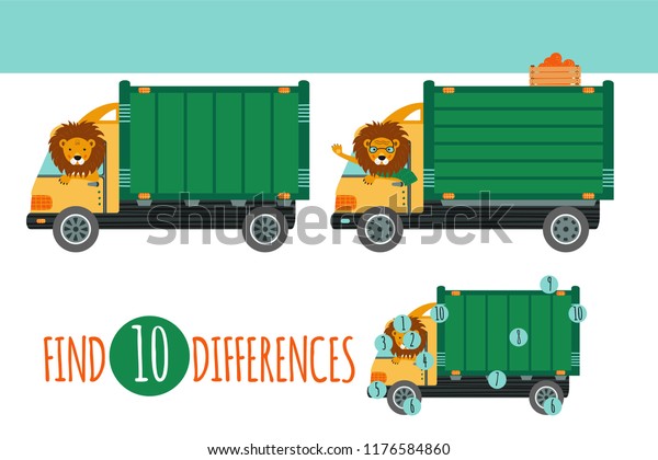 Find differences game. Vector illustration with\
cartoon animal and construction equipment: lion and lorry.\
Educational children\
game.