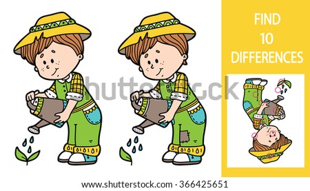 Find differences gardener game. Vector illustration of finding differences educational game with cute cartoon gardener for children