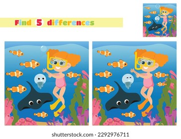 Find the differences. Girl aquadiver in the underwater world near corals and algae with fishes in cartoon style. An educational game for children in elementary school or kindergarten.