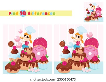 Find the differences. The girl is sitting on a huge cake with a lollipop in her hand. The child is dressed in a chef's hat. An educational game for children in elementary school or kindergarten.