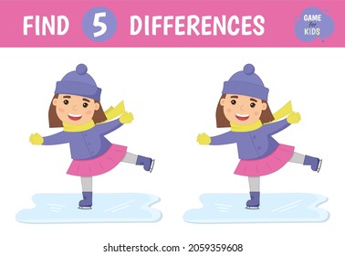 Find the differences. A girl skates on ice in winter. Children's game of mindfulness. Vector illustration.