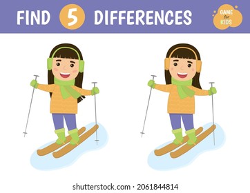 Find the differences. A girl is skiing. Children's game of mindfulness. Vector illustration.