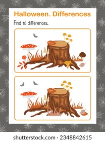 Encuentra diferencias Escena festiva de otoño de Halloween del viejo trozo de árbol, murciélago, hojas, hongos, ilustración vectorial de pasto seco, hoja de trabajo de actividad educativa imprimible para los niños, recursos del profesor