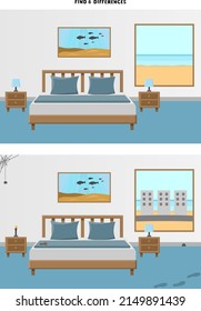 Find differences in hotel room. Educational Game for Kids. Vector comic Illustration in Cartoon style. Activity Page for children.