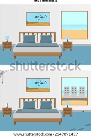 Find differences in hotel room. Educational Game for Kids. Vector comic Illustration in Cartoon style. Activity Page for children.