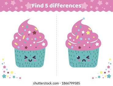 Find an differences. Kids activity page with cake