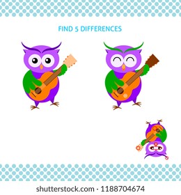 Find differences kids educational game. Cute owl playing guitar
